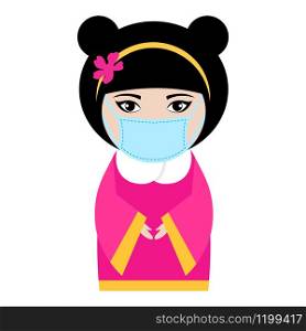 Chinese woman in protective mask on white background