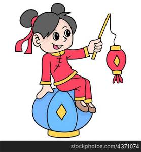 chinese woman sits carrying lanterns celebrating chinese new year