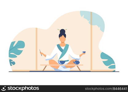 Chinese woman sitting at small table and eating. Tea, rice, chopstick flat vector illustration. Tradition and nation concept for banner, website design or landing web page