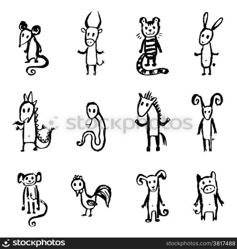 Chinese Zodiac. 12 cute Chinese Animal astrological sign. Doodle Vector Illustration.