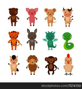 Chinese zodiac animals cartoon vector characters set. Dragon and snake, dog and rabbit, horse and monkey, tiger and pig illustration. Chinese zodiac animals cartoon vector characters set