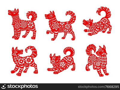 Chinese zodiac dog animal vector icons set. Canine Lunar new year of China symbolic, red ornate , astrological horoscope signs isolated on white background. Asian symbol of year, tattoo or paper cut. Chinese zodiac animal dog isolated vector icons