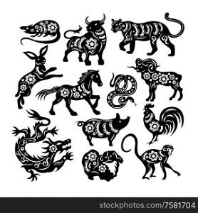 Chinese zodiac figures of sacred animals cutting from black paper set on white background isolated vector illustration