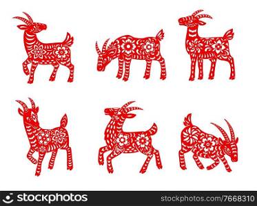 Chinese zodiac goat animal vector icons set. Lunar new year of China symbolic, red ornate horned nanny goat, astrological horoscope signs isolated on white background. Asian symbol of year, tattoo. Chinese zodiac nanny goat animal vector icons set.