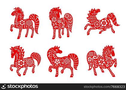 Chinese zodiac horse animal vector icons set. Equine Lunar new year of China symbolic, red ornate , astrological horoscope signs isolated on white background. Asian symbol of year, tattoo or paper cut. Chinese zodiac animal horse isolated vector icons