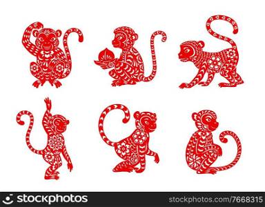 Chinese zodiac monkey animal vector icons set. Ape Lunar new year of China symbolic, red ornate , astrological horoscope signs isolated on white background. Asian symbol of year, tattoo or paper cut. Chinese zodiac animal monkey or ape vector icons