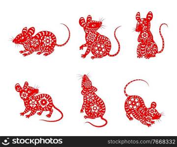 Chinese zodiac mouse animal vector icons set. Rat Lunar new year of China symbolic, red ornate , astrological horoscope signs isolated on white background. Asian symbol of year, tattoo or paper cur. Chinese zodiac animal mouse or rat vector icons