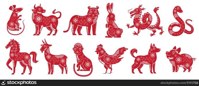 Chinese Zodiac New Year signs. Traditional china horoscope animals, red zodiacs silhouette. Astrological calendar cat, dragon and tiger mascots. Isolated vector illustration icons set. Chinese Zodiac New Year signs. Traditional china horoscope animals, red zodiacs silhouette vector illustration set