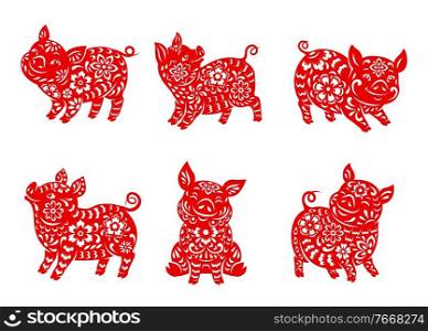Chinese zodiac pig animal vector icons set. Boar Lunar new year of China symbolic, red ornate astrological horoscope signs isolated on white background. Asian symbol of year, tattoo or paper cut. Chinese zodiac animal pig or boar vector icons set