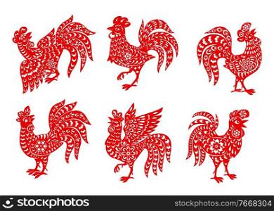 Chinese zodiac rooster animal vector icons set. Cock Lunar new year of China symbolic, red ornate papercut bird, astrological horoscope signs. Asian symbol of year, tattoo isolated on white background. Chinese zodiac rooster or cock vector icons set