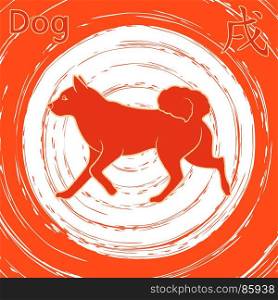 Chinese Zodiac Sign Dog running over rotated whirl background, symbol of New Year on the Eastern calendar, vector illustration in red and white colors