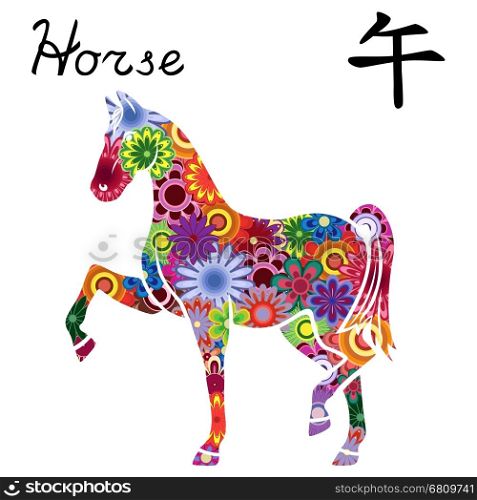 Chinese Zodiac Sign Horse, Fixed Element Fire, symbol of New Year on the Eastern calendar, hand drawn vector stencil with colorful flowers isolated on a white background