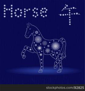 Chinese Zodiac Sign Horse, Fixed Element Fire, symbol of New Year on the Eastern calendar, hand drawn vector illustration with snowflakes and light spheres on the seamless background, winter motif