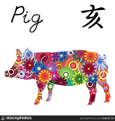 Chinese Zodiac Sign Pig, Fixed Element Water, symbol of New Year on the Eastern calendar, hand drawn vector stencil with colorful flowers isolated on a white background