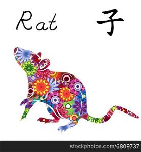Chinese Zodiac Sign Rat, Fixed Element Water, symbol of New Year on the Eastern calendar, hand drawn vector stencil with colorful motley flowers isolated on a white background