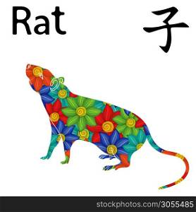 Chinese Zodiac Sign Rat, symbol of New Year on the Eastern calendar, hand drawn vector stencil with colorful flowers isolated on a white background