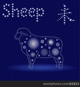 Chinese Zodiac Sign Sheep, Fixed Element Earth, symbol of New Year on the Eastern calendar, hand drawn vector illustration with snowflakes and light spheres on the seamless background, winter motif