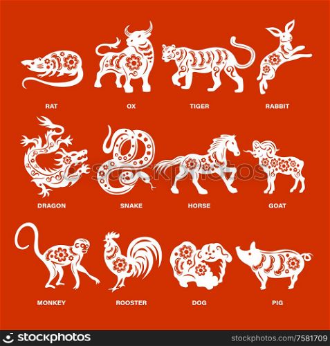 Chinese zodiac signs of sacred animals cutting white paper set on red background with description isolated vector illustration