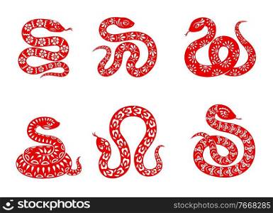 Chinese zodiac snake animal vector icons set. China Lunar new year symbolic, red ornate wriggling serpent, horoscope signs isolated on white background. Sarpentine snake asian symbol of year, tattoo. Chinese zodiac snake animal vector icons set.