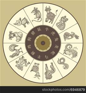 Chinese zodiac wheel with twelve. Chinese zodiac wheel with twelve. Vector hand drawn cartoon animals