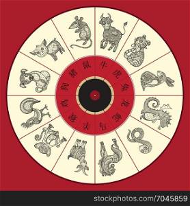 Chinese zodiac wheel with twelve. Vector hand drawn cartoon animals. Chinese zodiac wheel with twelve