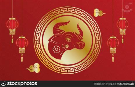 chinesse New Year ox head in golden seal and l&s vector illustration design. chinesse New Year ox head in golden seal and l&s