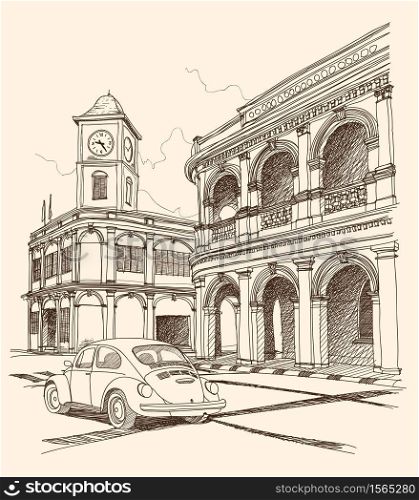 Chino-Portuguese clock tower in phuket old town , hand drawn vector