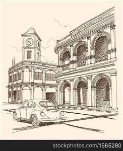Chino-Portuguese clock tower in phuket old town , hand drawn vector