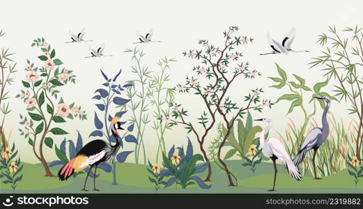 Chinoiserie garden wallpaper. Traditional oriental horizontal pattern with botanical elements and birds. Bamboo and blooming trees. Flying animals and flowers. Asian nature border. Vector background. Chinoiserie garden wallpaper. Traditional oriental horizontal pattern with botanical elements and birds. Bamboo and blooming trees. Animals and flowers. Asian nature. Vector background