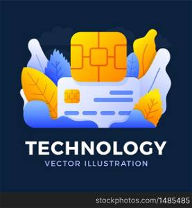 Chip and credit card vector stock illustration isolated on a dark background. The concept of digital technology in the banking sector. EMV chip bank credit card