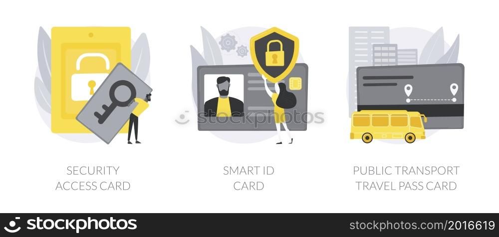 Chip card abstract concept vector illustration set. Security access card, smart ID, public transport travel pass, unlocking door, office entrance, trip ticket, identity verification abstract metaphor.. Chip card abstract concept vector illustrations.