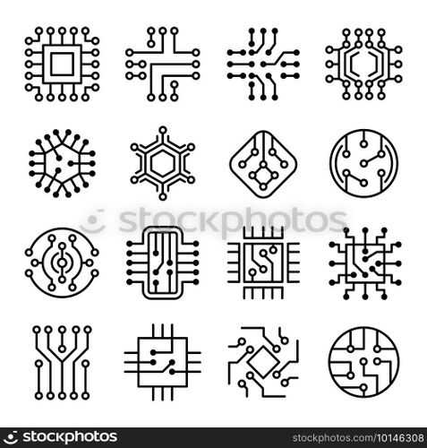Chip computer. Engineering electronic micro scheme computer system board vector icon set. Processor engineering technology, system cpu outline illustration. Chip computer. Engineering electronic micro scheme computer system board vector icon set