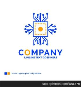 Chip, cpu, microchip, processor, technology Blue Yellow Business Logo template. Creative Design Template Place for Tagline.