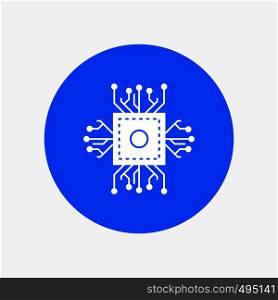 Chip, cpu, microchip, processor, technology White Glyph Icon in Circle. Vector Button illustration. Vector EPS10 Abstract Template background