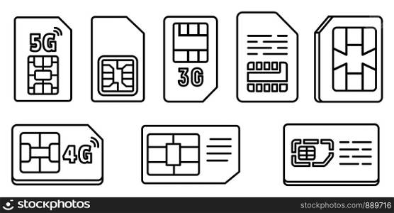Chip phone card icons set. Outline set of chip phone card vector icons for web design isolated on white background. Chip phone card icons set, outline style