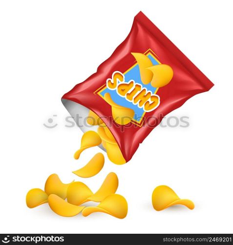 Chips package concept chips spill out of the red realistic package down to the floor vector illustration. Chips Package Concept