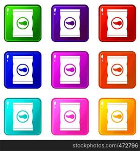 Chips plastic bag icons of 9 color set isolated vector illustration. Chips plastic bag icons 9 set