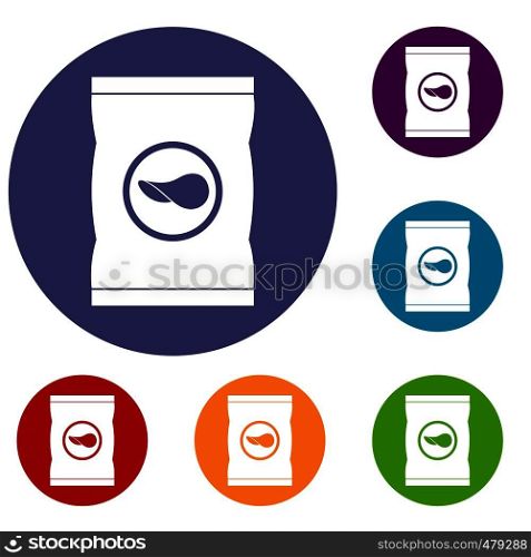 Chips plastic bag icons set in flat circle red, blue and green color for web. Chips plastic bag icons set