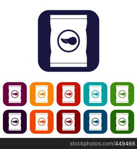Chips plastic bag icons set vector illustration in flat style In colors red, blue, green and other. Chips plastic bag icons set flat