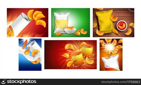 Chips Snack Creative Promo Posters Set Vector. Potato And Onion Chips With Paprika Taste, Blank Bags Packages, Mayonnaise And Ketchup Sauces On Advertise Banners. Style Concept Template Illustrations. Chips Snack Creative Promo Posters Set Vector