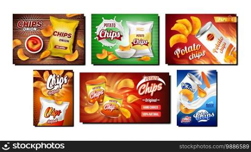 Chips Snack Creative Promo Posters Set Vector. Potato And Onion Chips With Paprika Taste, Blank Bags Packages, Mayonnaise And Ketchup Sauces On Advertise Banners. Style Concept Template Illustrations. Chips Snack Creative Promo Posters Set Vector