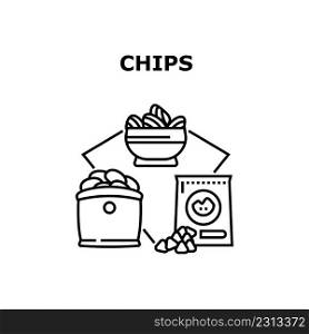 Chips Snack Vector Icon Concept. Crunchy Chips Snack Prepared From Potato Or Maize Ingredient, Junk Food Packaging And Plate. Crisp And Fatty Unhealthy Nourishment Black Illustration. Chips Snack Vector Concept Black Illustration