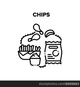 Chips Snack Vector Icon Concept. Fried Potato Chips Plate And Bag Package, Sauce For Eating Delicious Unhealthy Nutrition. Spicy Tasty Cracker Portion Packaging And Bowl Black Illustration. Chips Snack Vector Black Illustrations