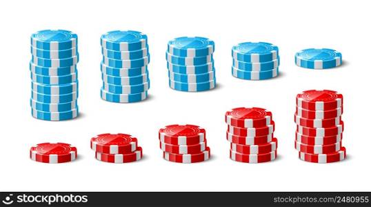 Chips stacks. Realistic gambling plastic round elements. Gradual increase in game bets. Isolated casino tokens. Roulette gaming coins piles. Risky leisure. Vector poker playing 3D accessories set. Chips stacks. Realistic gambling plastic round elements. Gradual increase in game bets. Casino tokens. Roulette gaming coins. Risky leisure. Vector poker playing 3D accessories set