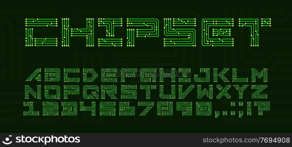 Chipset font with circuit board letters. Techno ABC with electronics motherboard, digital network font and type, computer technology, virtual and futuristic typography letters, digits and symbols. Chipset font with circuit board letter