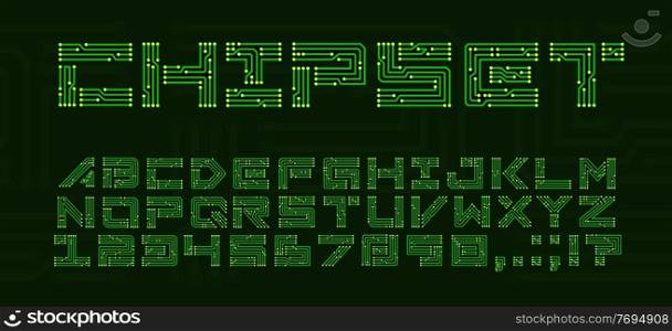 Chipset font with circuit board letters. Techno ABC with electronics motherboard, digital network font and type, computer technology, virtual and futuristic typography letters, digits and symbols. Chipset font with circuit board letter