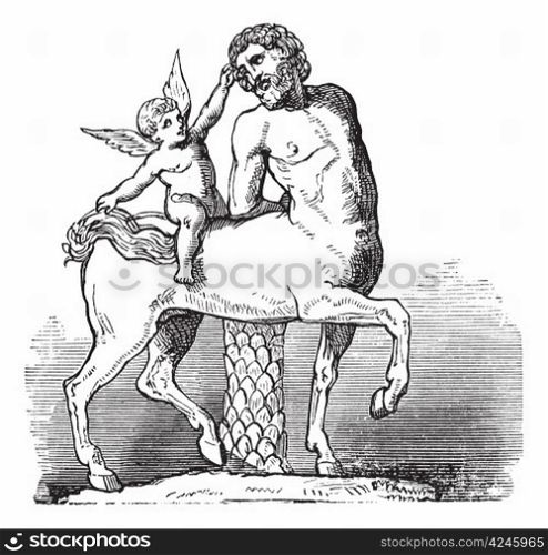 Chiron Centaur and Cupid statue or Furietti Centaurs and cupid vintage engraving. Old engraved illustration of Chiron centaur and cupid statue, 1800s.