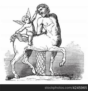 Chiron Centaur and Cupid statue or Furietti Centaurs and cupid vintage engraving. Old engraved illustration of Chiron centaur and cupid statue, 1800s.
