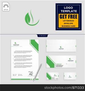 chiropractic leaf logo template vector illustration and stationery, letterhead, envelope, business card design. chiropractic leaf logo template vector illustration and stationery