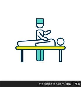 Chiropractic treatment RGB color icon. Massage practice. Applying controlled force to spinal joint. Pain relief. Non-surgical treatment. Body manipulation, mobilization. Isolated vector illustration. Chiropractic treatment RGB color icon